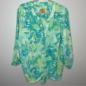 Ruby Rd Womens Top Plus Size 24W Green Blue Semi Sheer Mother of Pear Buttons
